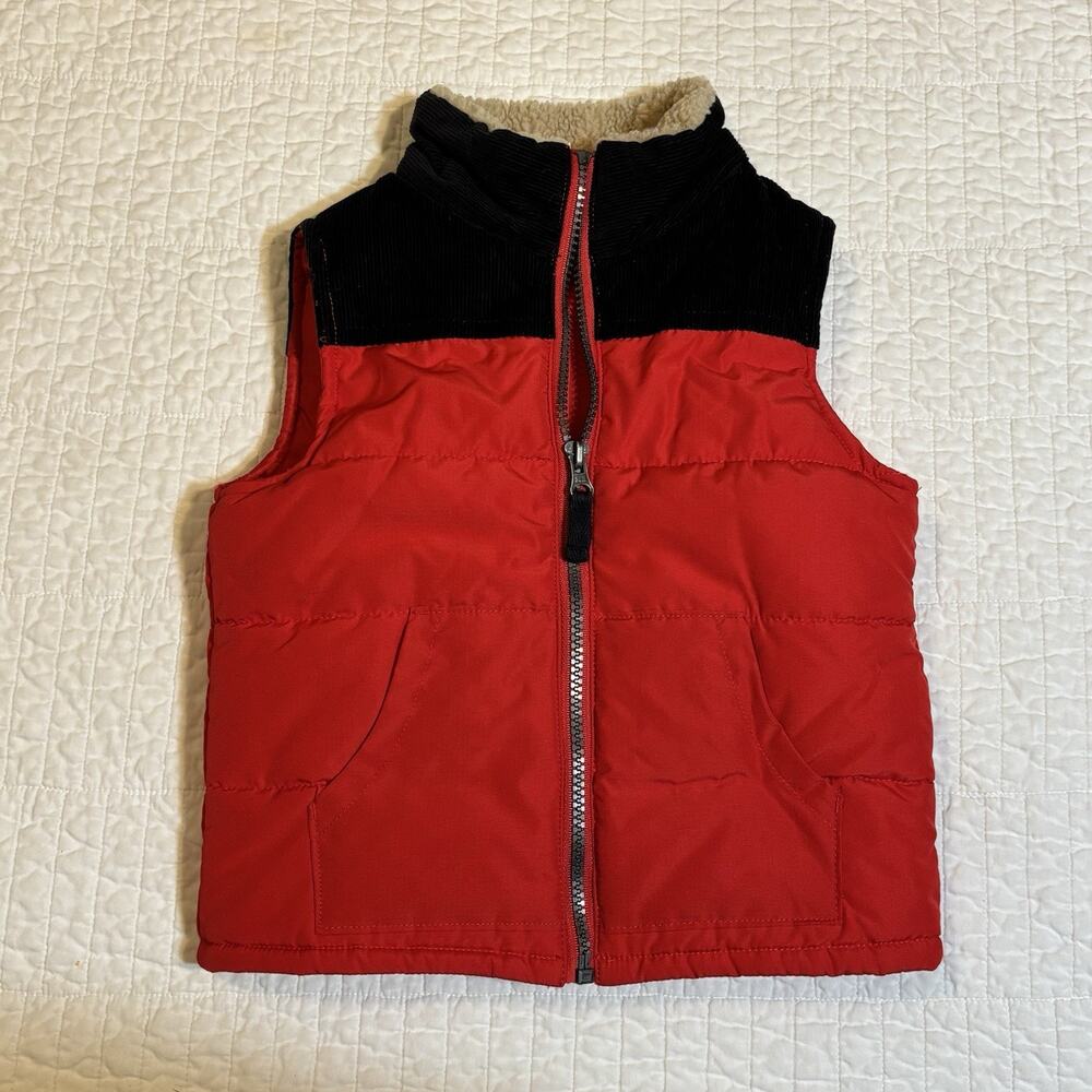 Carter's Toddler Boy's 3T Red & Black Puffer Vest Sherpa Collar Corduroy Trim